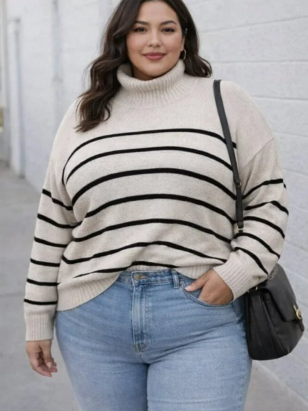 Turtleneck Striped Women's Sweater - Cream and Black
